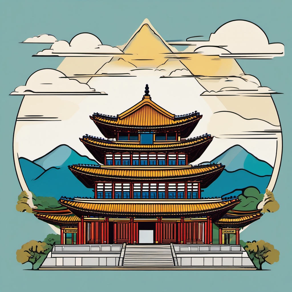 Seoul clipart - Gyeongbokgung Palace and Seoul skyline,  color vector clipart