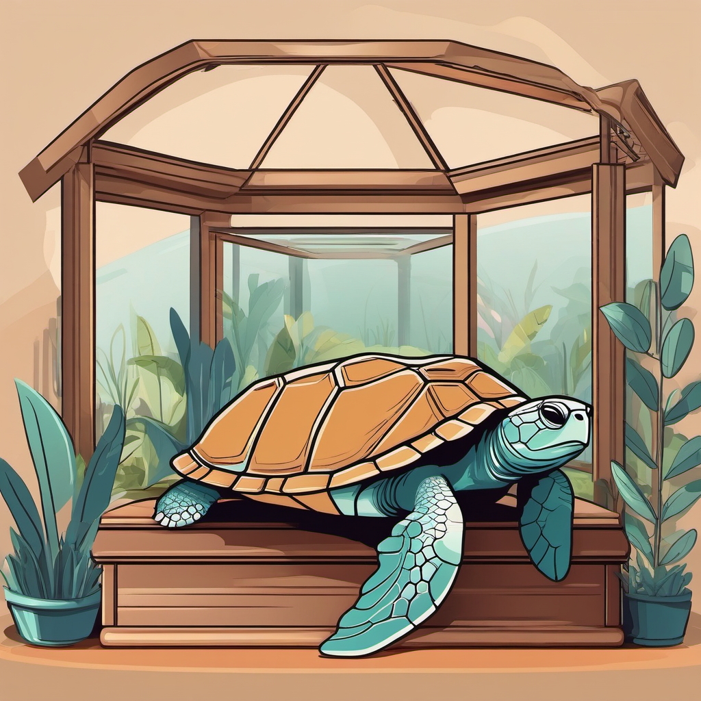 Pet Turtle - Nestled in a cozy enclosure, the pet turtle enjoys the comfort and companionship of a loving home.  vector art, clipart, minimal