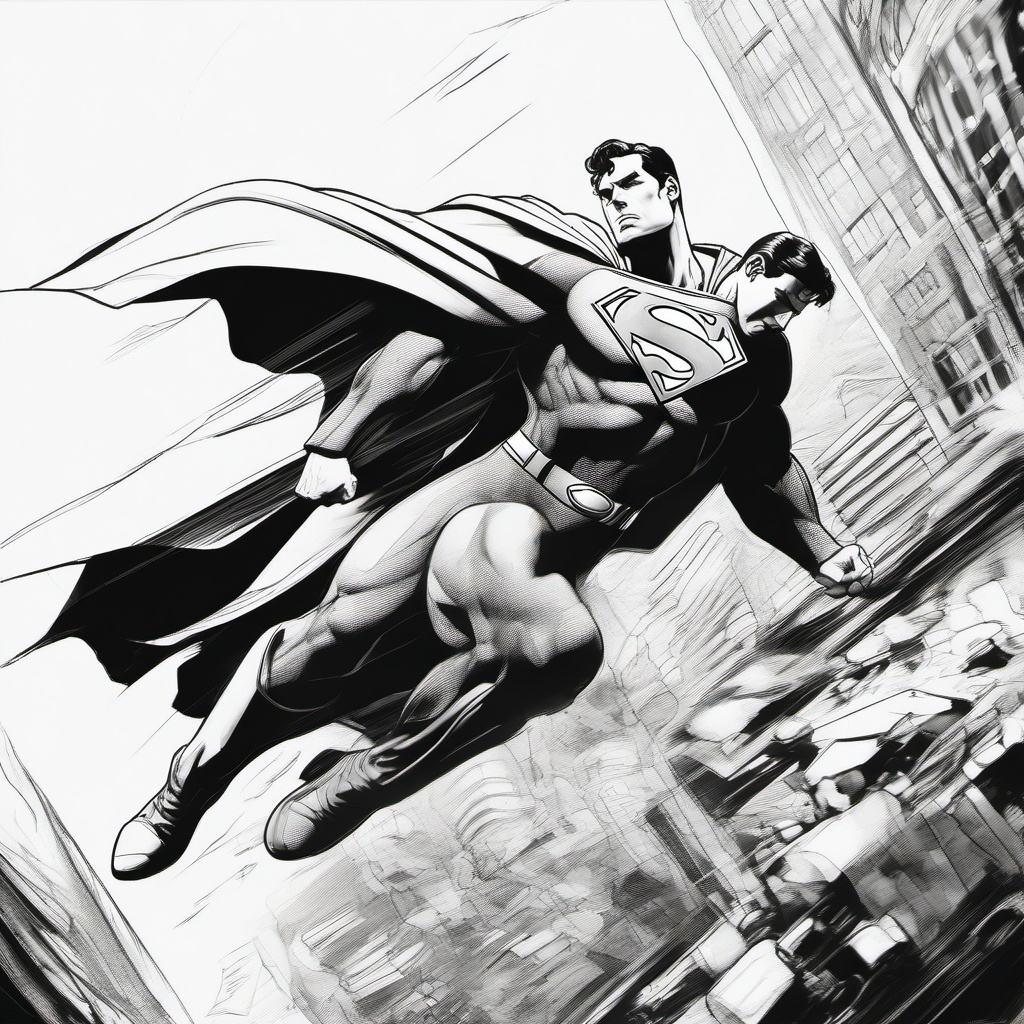 drawing of Superman saving a civilian  minimal rough sketch scribbles,doodles,black and white