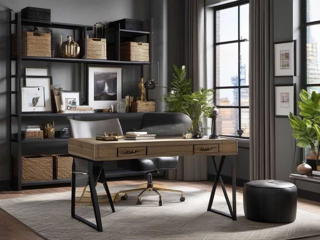 Urban Chic home office features practical furnishings, a mix of modern and vintage decor, and an open layout that embraces contemporary city living.  