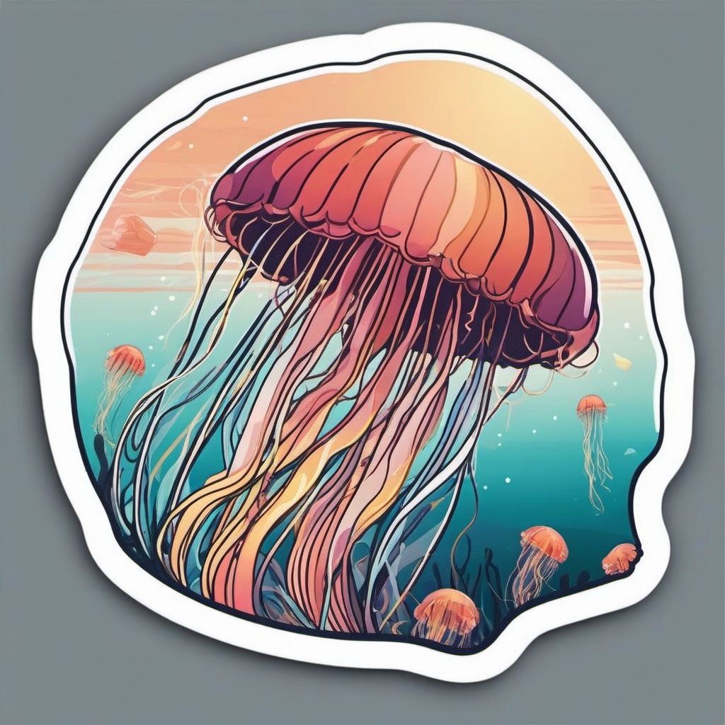 Jellyfish Bloom Sticker - A beautiful bloom of jellyfish in the open sea, ,vector color sticker art,minimal