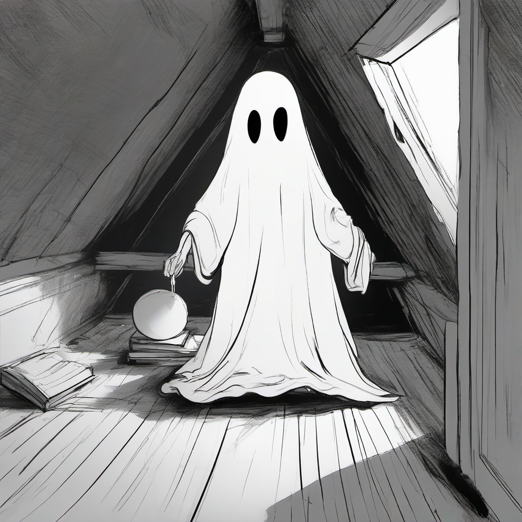 drawing of a ghost in the attic  minimal rough sketch scribbles,doodles,black and white