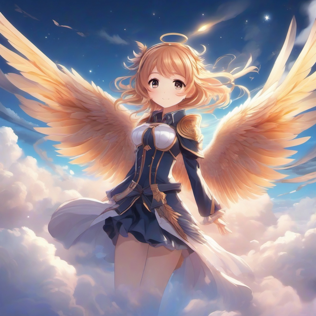 Anime character with magical wings soaring through the clouds.  front facing ,centered portrait shot, cute anime color style, pfp, full face visible