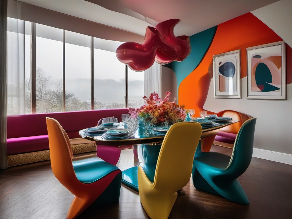 The dining room embodies surrealist interior design with a table set in an unusual shape, bizarre centerpieces, and playful colors that make every meal feel like an artistic experience.  