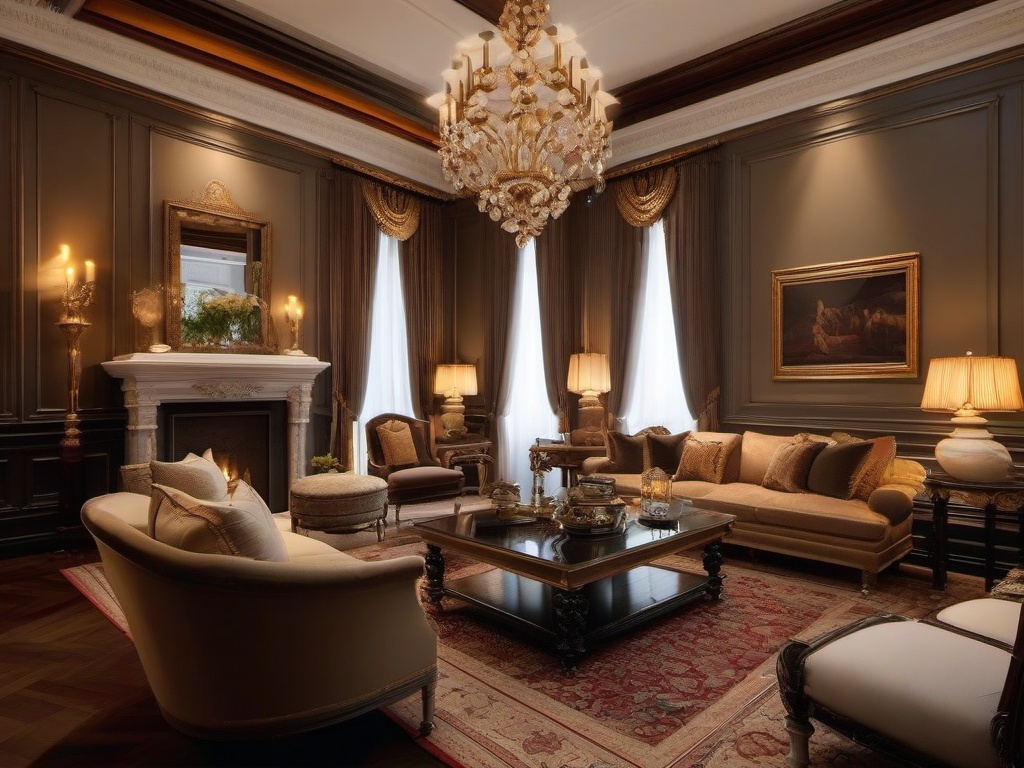 Italian Renaissance interior design in the living room features intricate moldings, plush fabrics, and elegant furnishings that create a sophisticated and timeless atmosphere.  