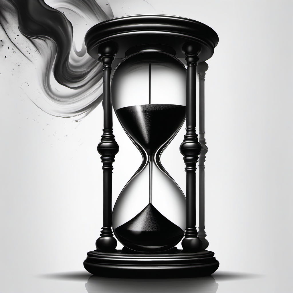 Hourglass ink: Symbol of fleeting time, encapsulating the inevitability of change.  black white tattoo, white background