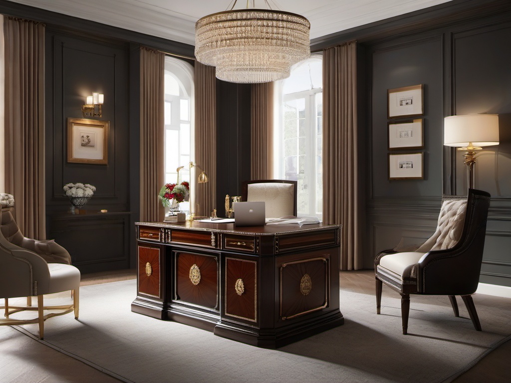 The home office exemplifies Russian Revival interior design, featuring a beautifully crafted desk, plush seating, and decorative details that inspire productivity in a sophisticated environment.  