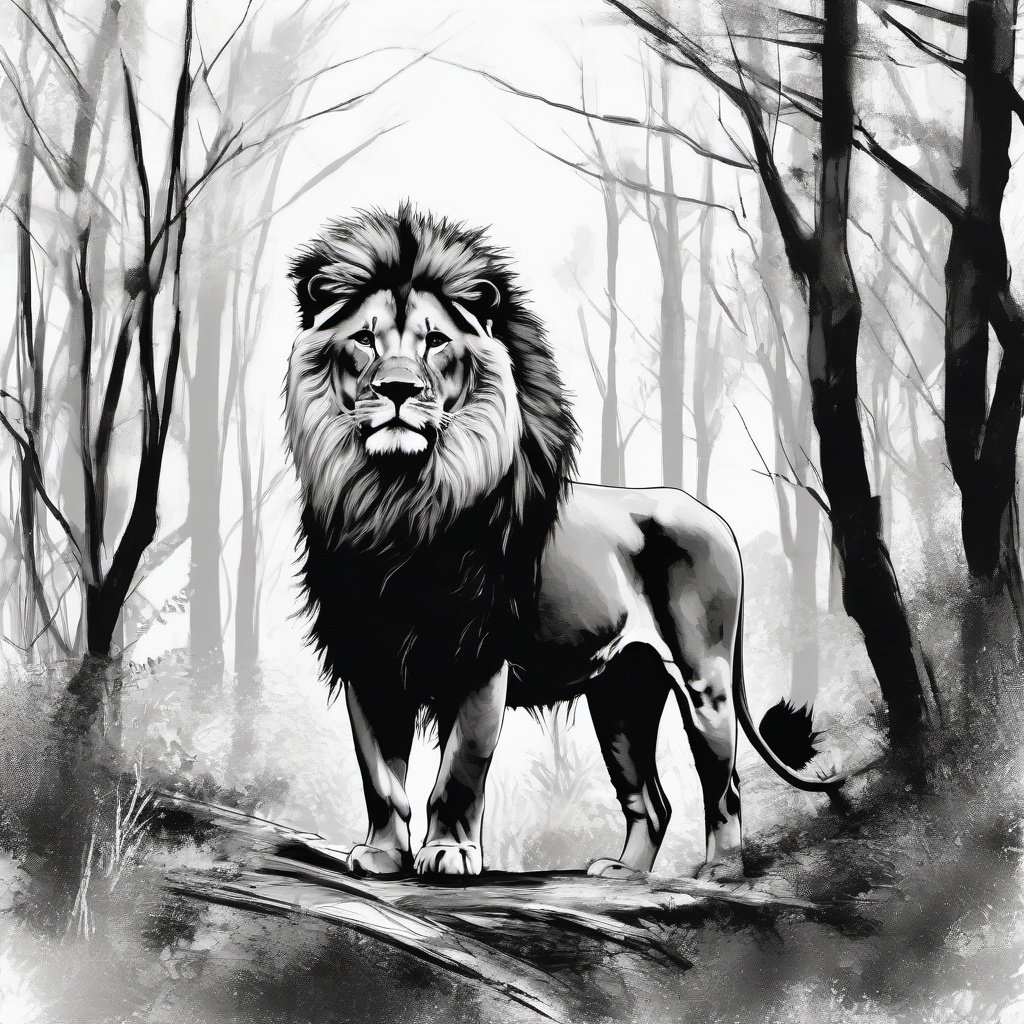 drawing of a lion in forest  minimal rough sketch scribbles,doodles,black and white