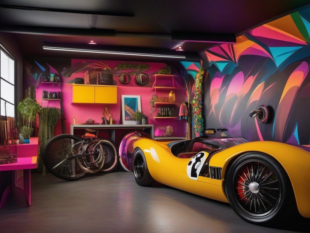 The garage features psychedelic interior design with creative wall art, bright colors, and organized storage solutions that make the space both functional and visually exciting.  