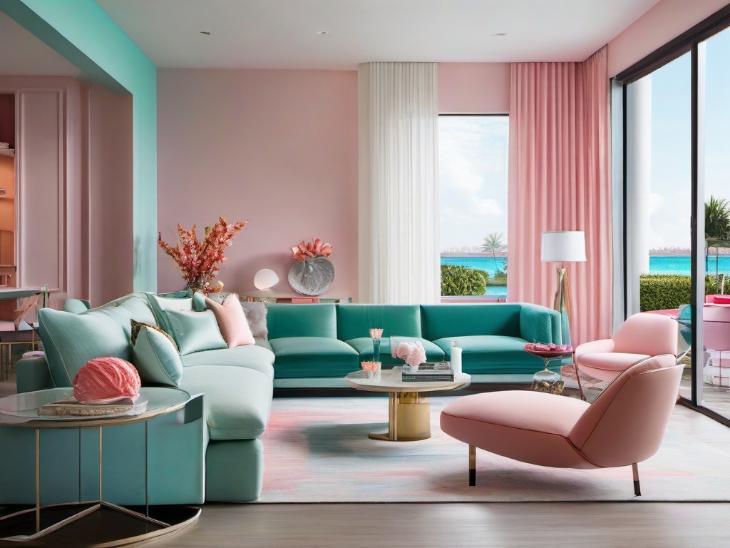 South Beach living room with pastel colors, sleek furniture, and bold shapes creates a vibrant, Miami-inspired atmosphere.  