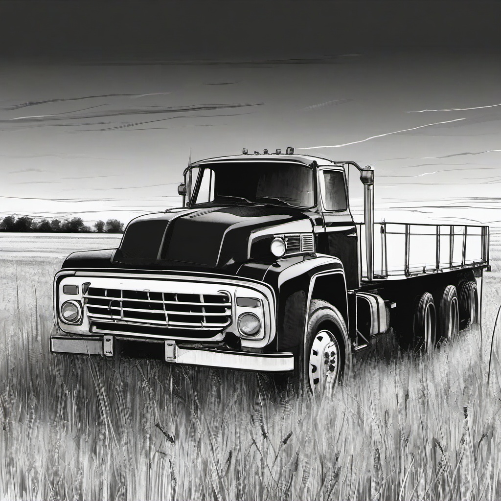 drawing of a truck in a field  minimal rough sketch scribbles,doodles,black and white