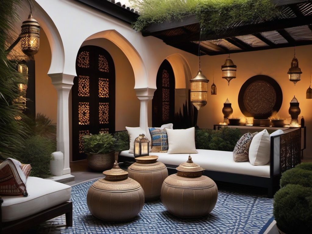 Moroccan courtyard featuring Ann Sacks tiled fountains, CB2 vibrant cushions, and Restoration Hardware lanterns.  