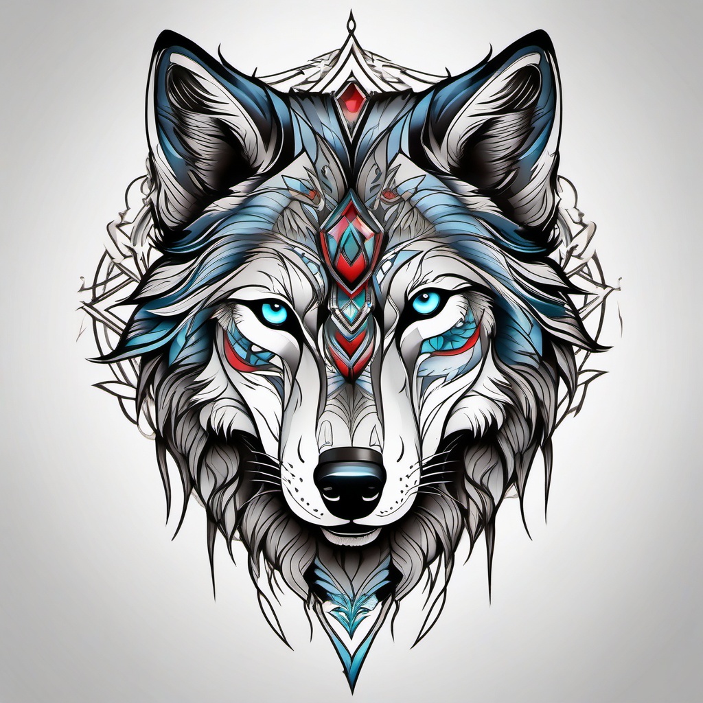 Neo Traditional Wolf Tattoo,modern twist on the traditional wolf tattoo, reflection of contemporary values. , tattoo design, white clean background