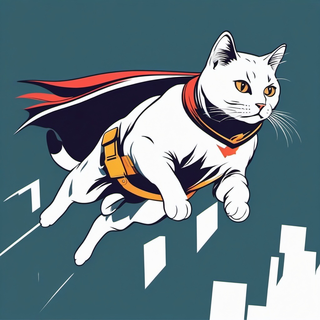 Cat as a superhero flying through the city  minimalist color design, white background, t shirt vector art