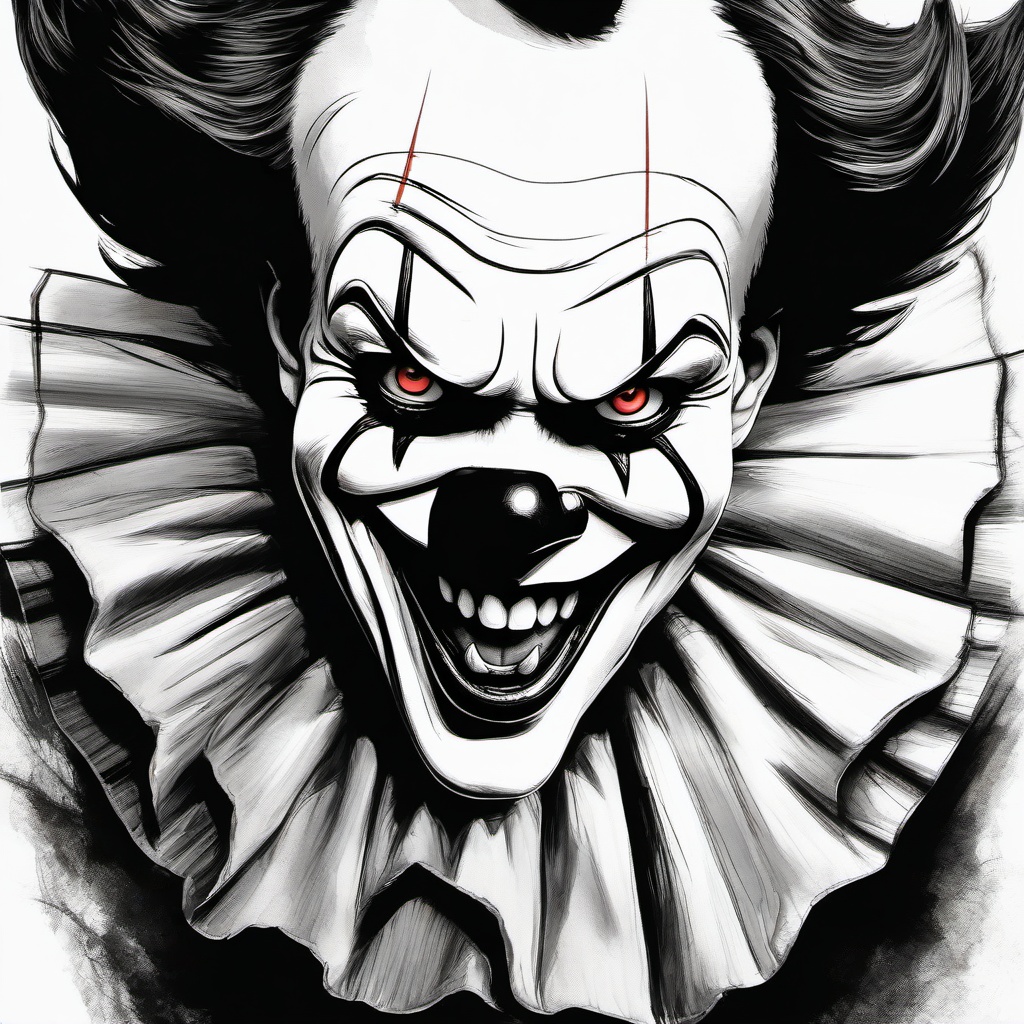 drawing of Pennywise with a menacing grin  minimal rough sketch scribbles,doodles,black and white