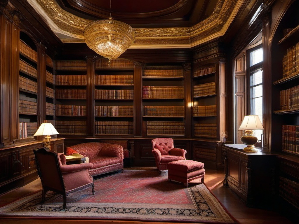 In the library room, Italian Renaissance interior design incorporates grand bookshelves, luxurious seating, and ornate details that create an inspiring atmosphere for reading and relaxation.  