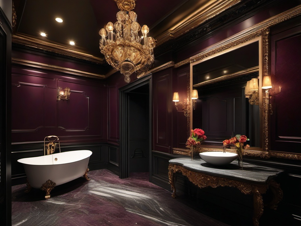 Baroque bathroom embraces rich colors, ornate details, and luxurious finishes that create a dramatic and sophisticated environment.  