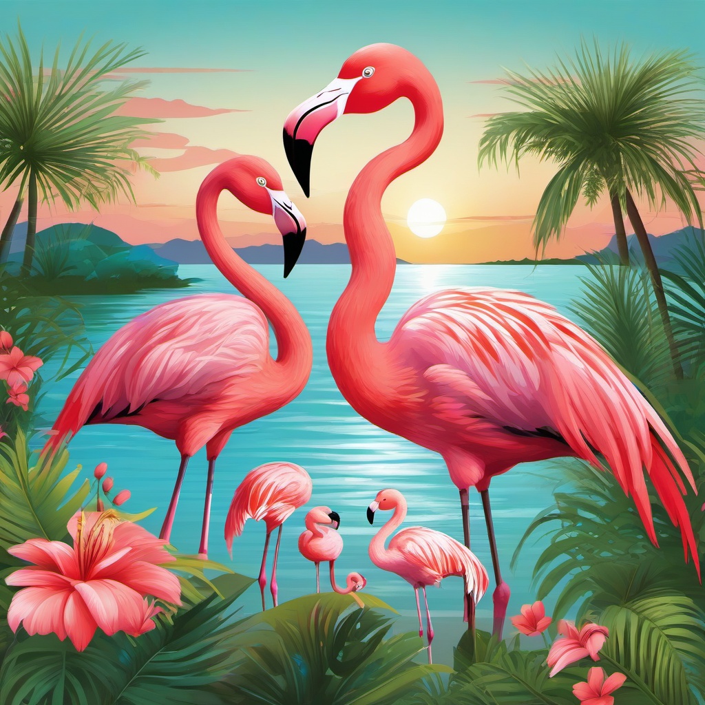 Flamingo clipart - flamingo family by the water  