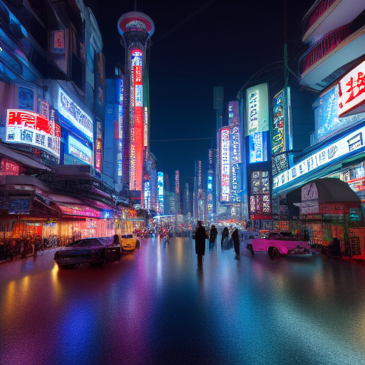 Sci-fi, cyberpunk, Tokyo at night in the rain, neon lights, flying cars, watercolor, highly detailed, 4k