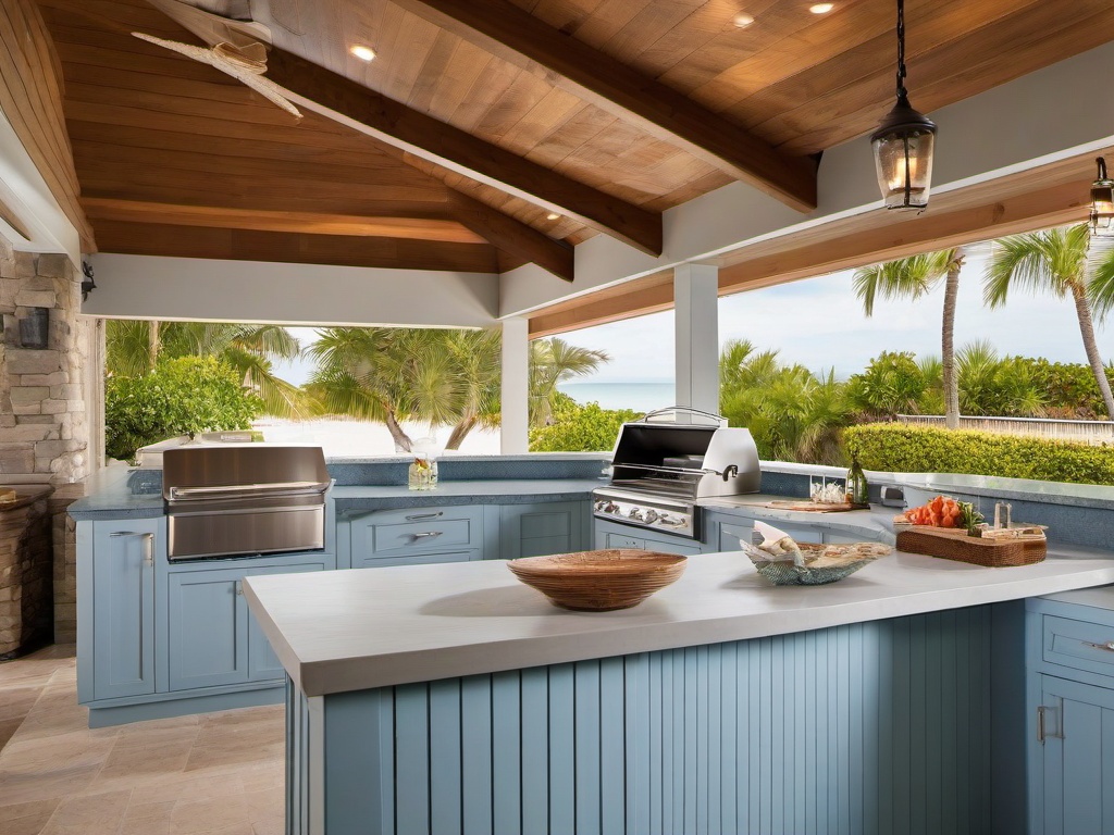 Coastal outdoor kitchen features light blue cabinetry, weather-resistant materials, and nautical decor, bringing a relaxed beach vibe to the outdoor cooking area.  