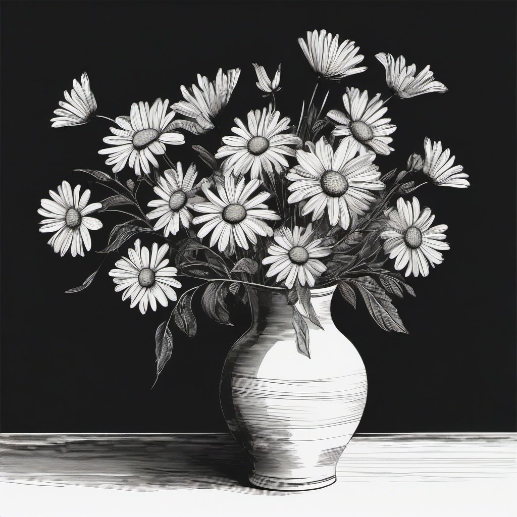 drawing of daisies in a vase  minimal rough sketch scribbles,doodles,black and white