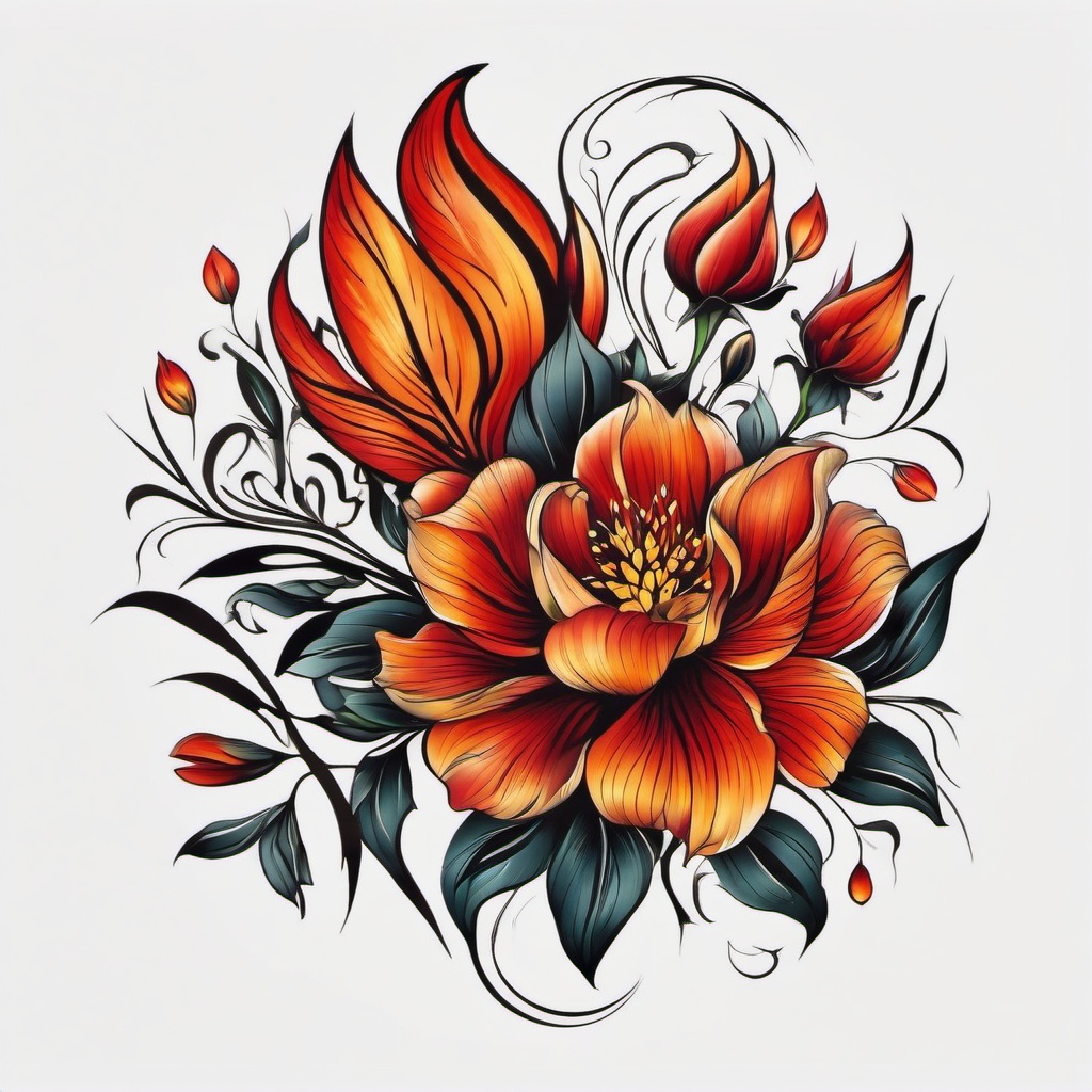 fire and flower tattoo  simple color tattoo,white background