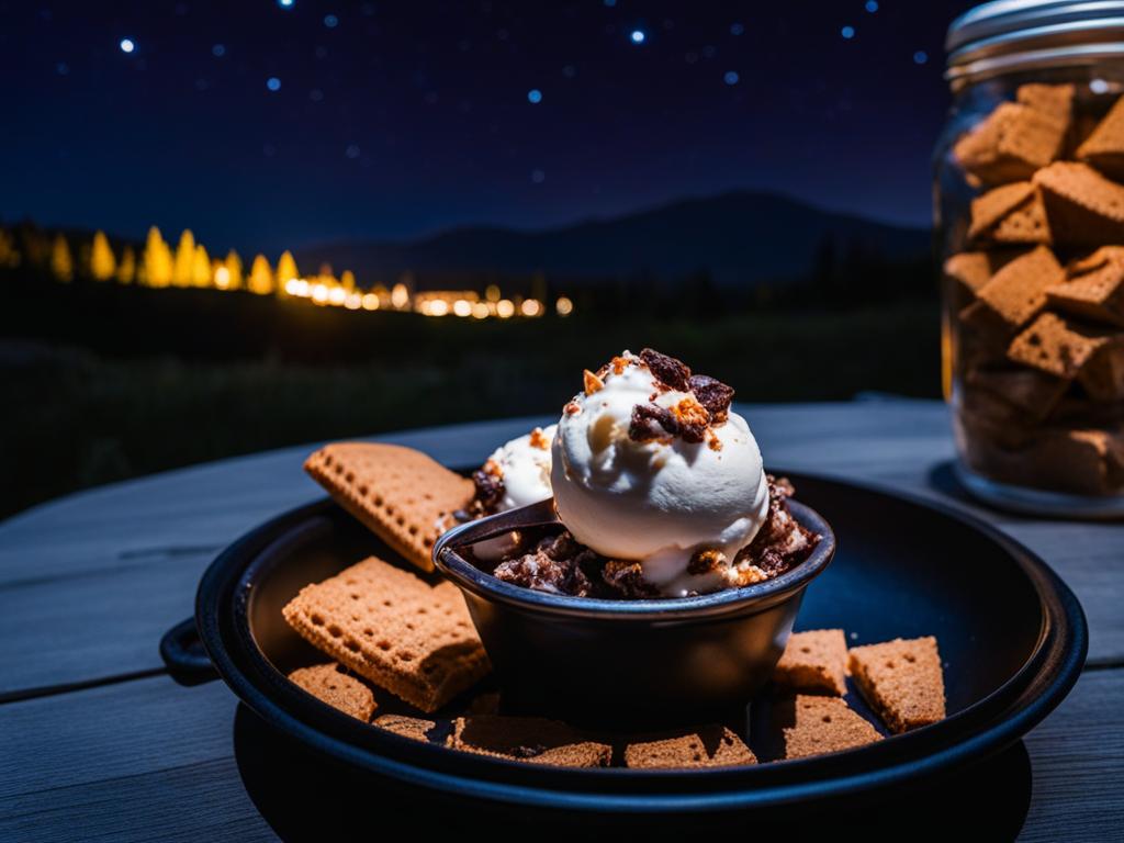 rocky road ice cream shared at a campfire under the starry night sky. 