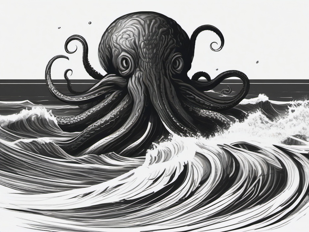 drawing of a kraken emerging from the sea  minimal rough sketch scribbles,doodles,black and white