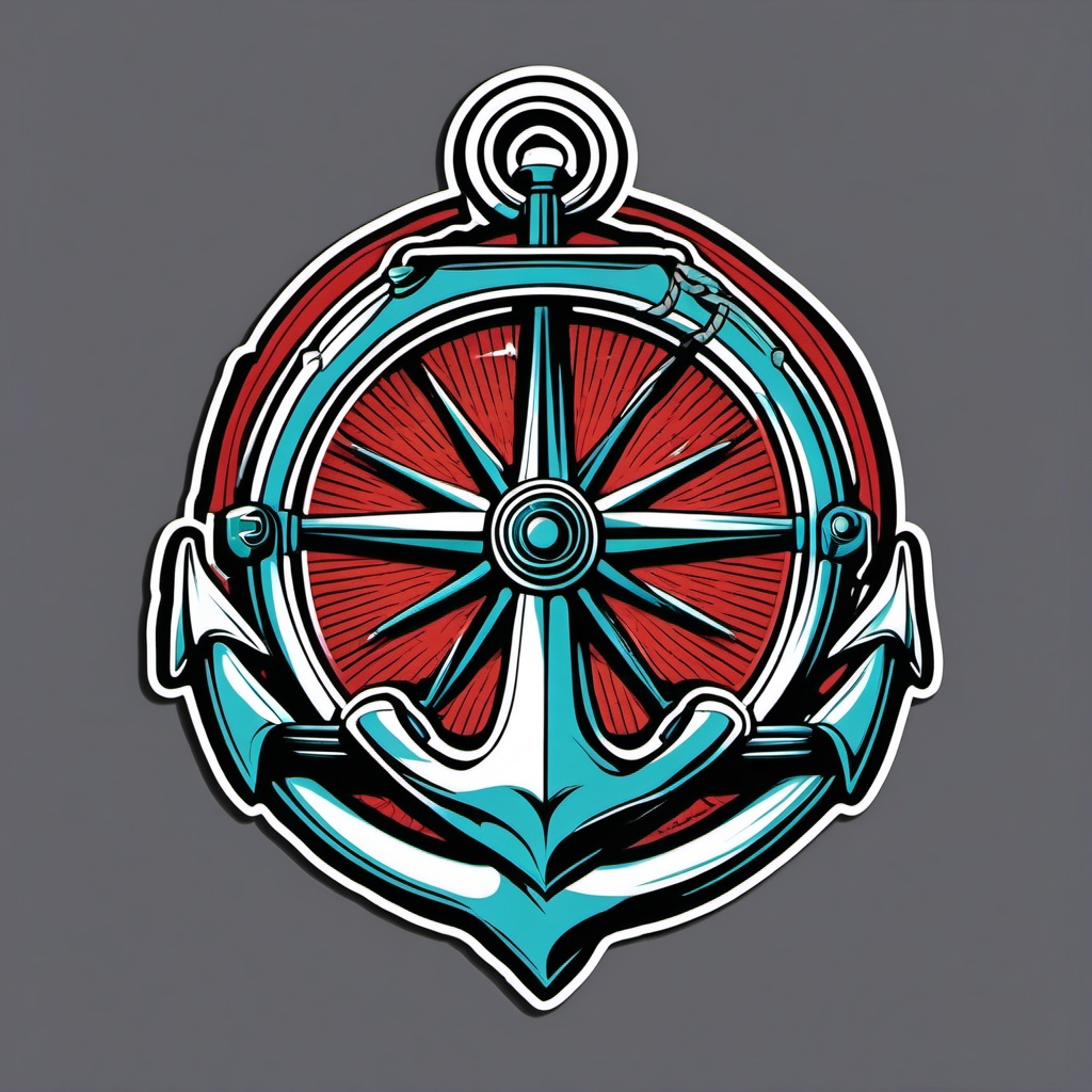 Anchor and Steering Wheel Sticker - Nautical anchor with a ship's steering wheel, ,vector color sticker art,minimal