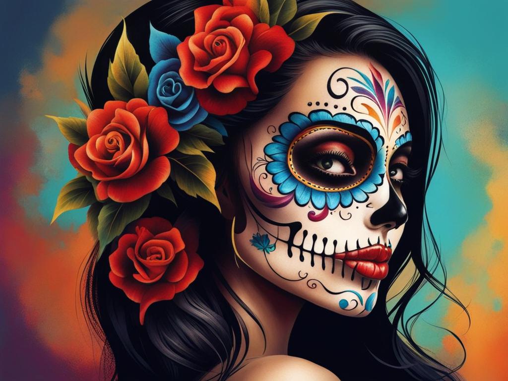 sugar skull tattoo, embracing the vibrant and colorful aesthetics of day of the dead sugar skulls. 