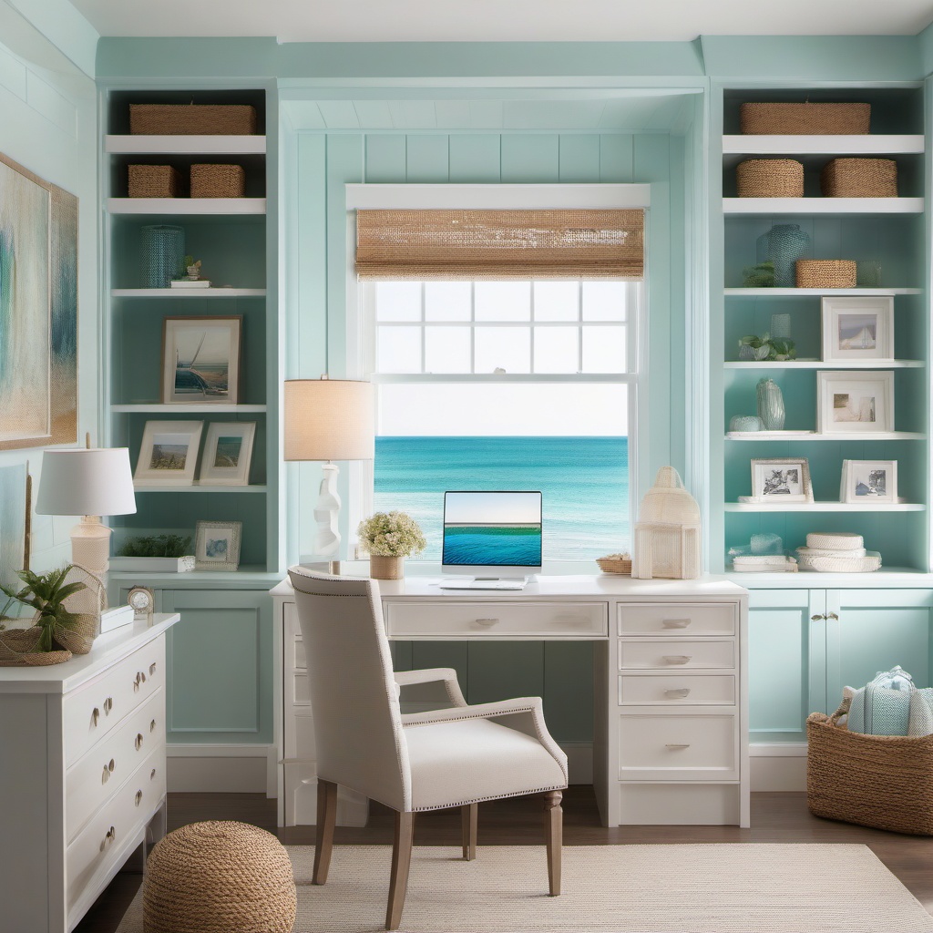 Coastal Home Office - Coastal home office with a breezy color scheme and beach-inspired decor. realistic, professional photography, bokeh, natural lighting, canon lens, shot on dslr 64 megapixels sharp focus