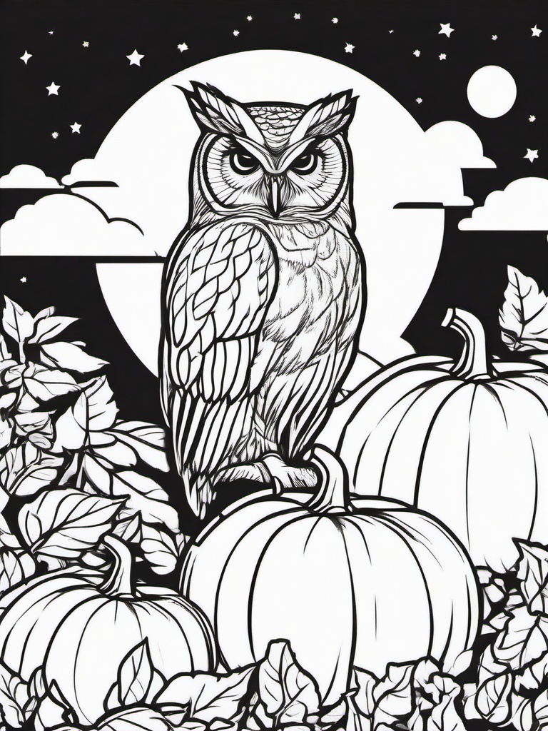 Pumpkin and Owl in Tree Coloring Pages - Owl Watching Over a Pumpkin Patch  minimal black outline printable sheet, coloring page