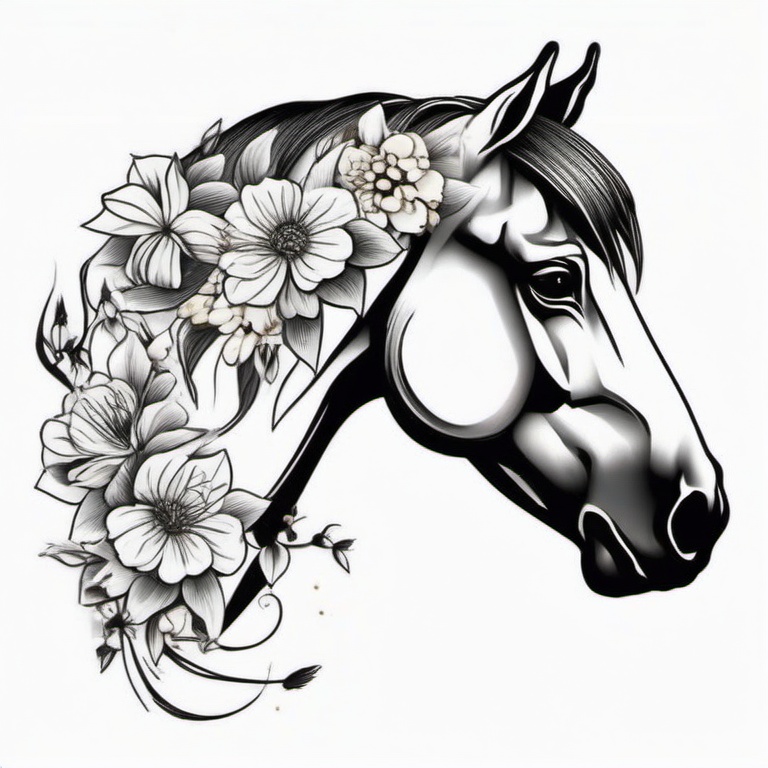 horse head with bitterroot flowers tattoo  simple tattoo,minimalist,white background  ,tattoo design, white background