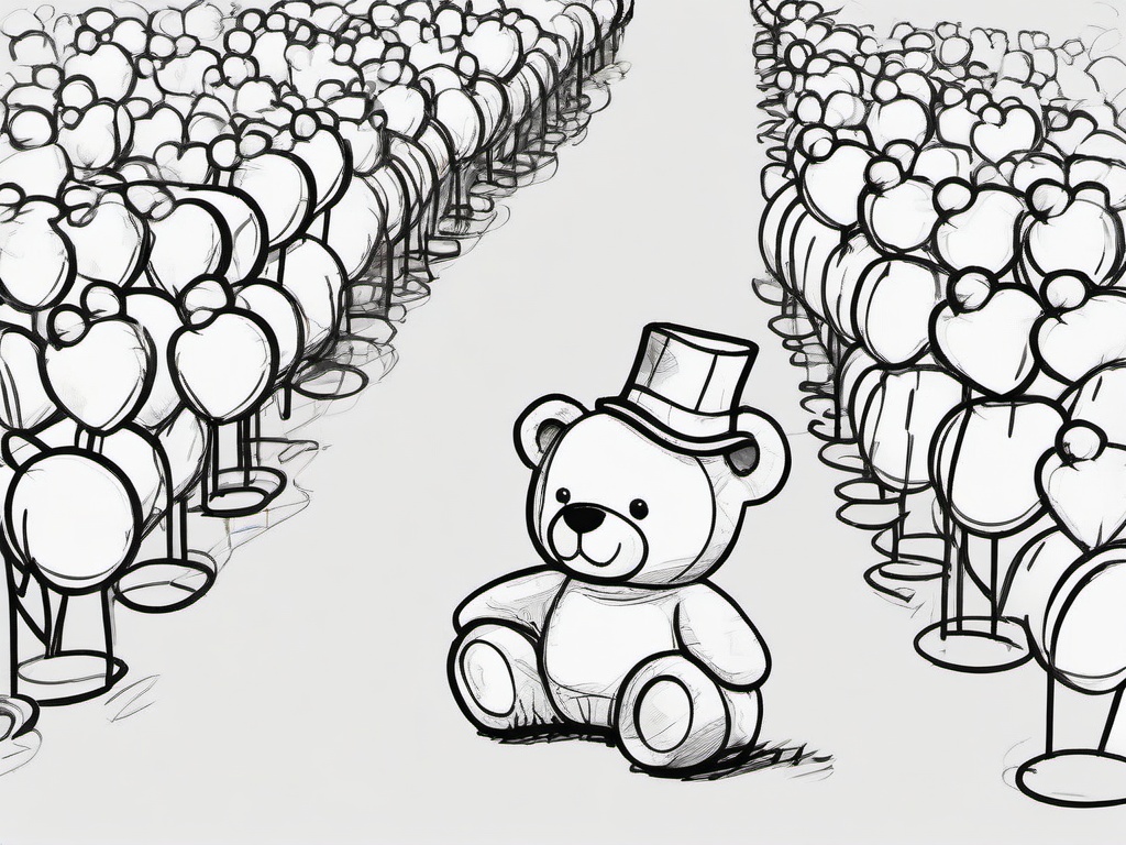 drawing of a teddy bear in a parade  minimal rough sketch scribbles,doodles,black and white