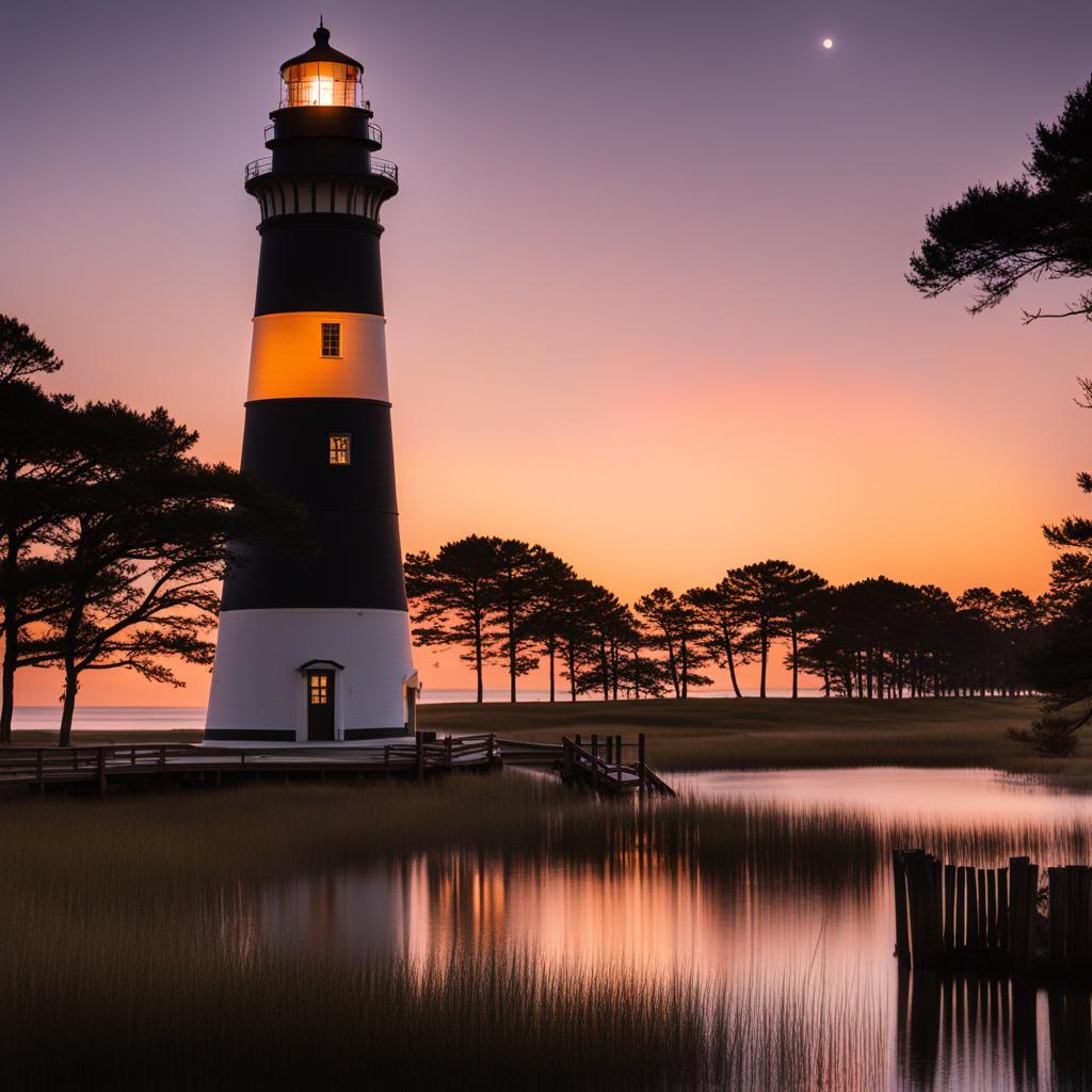 outer banks - illustrate a tranquil night on the outer banks, with its pristine beaches, historic lighthouses, and star-filled skies over the atlantic ocean. 