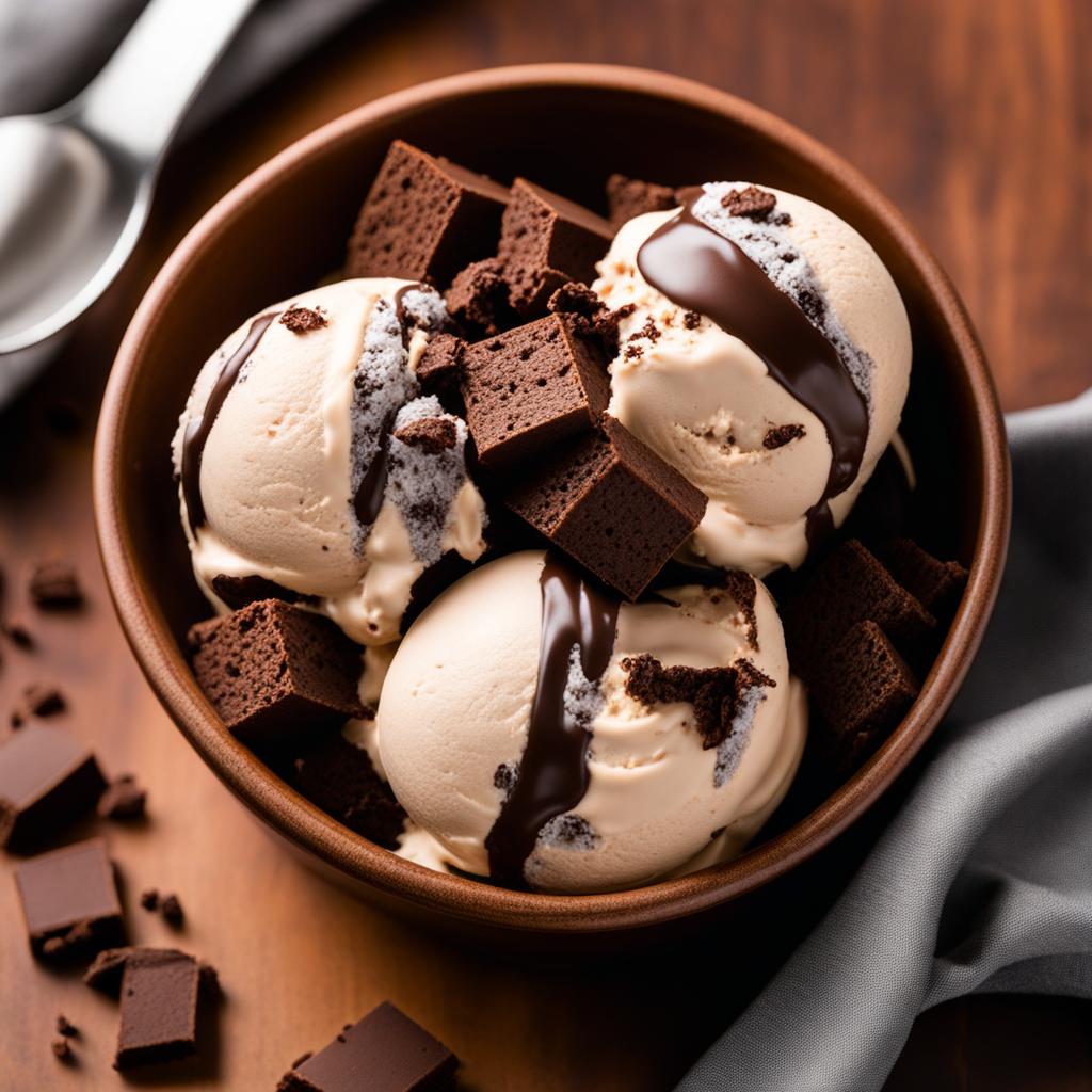 a scoop of velvety cookies and cream ice cream, loaded with chunks of chocolate cookies. 