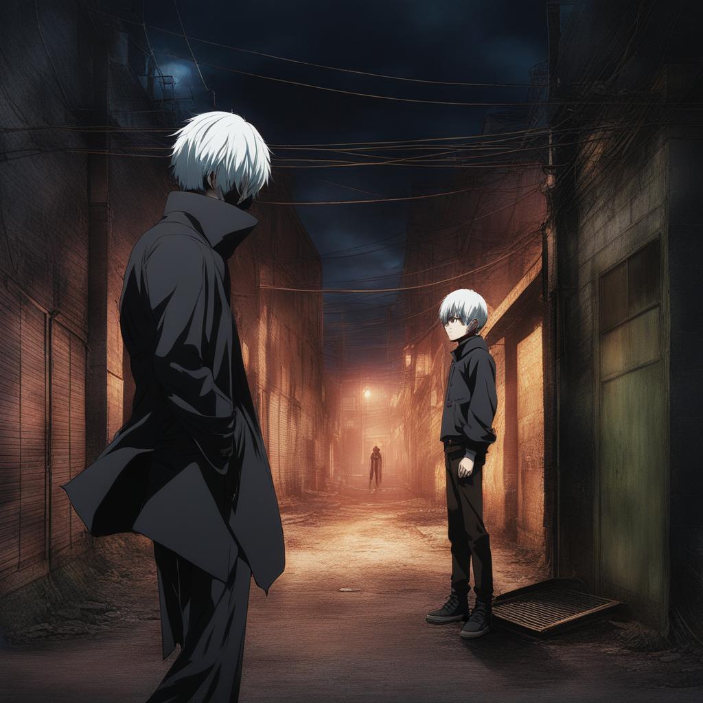 kaneki ken confronts a ghoul adversary in a dark and dilapidated back alley. 