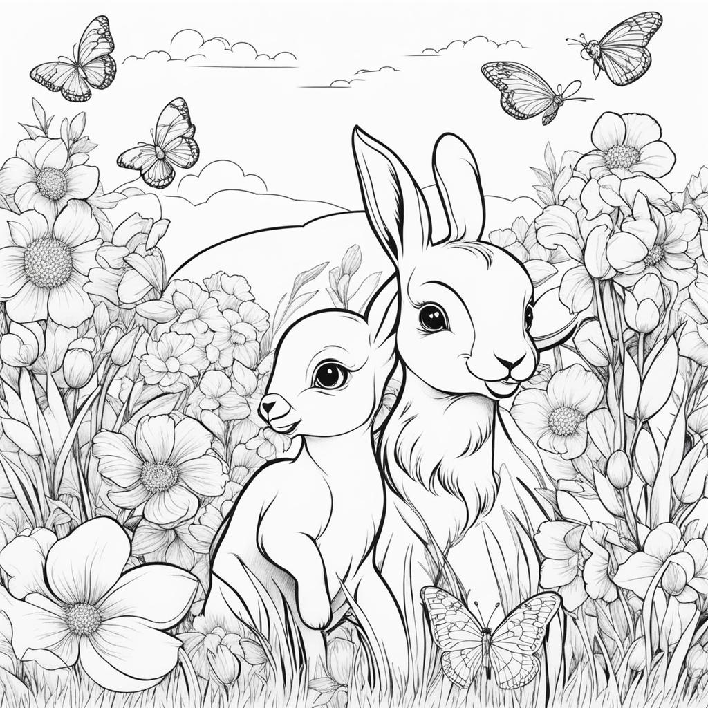 spring coloring pages - baby animals play in a field of blooming spring flowers. 