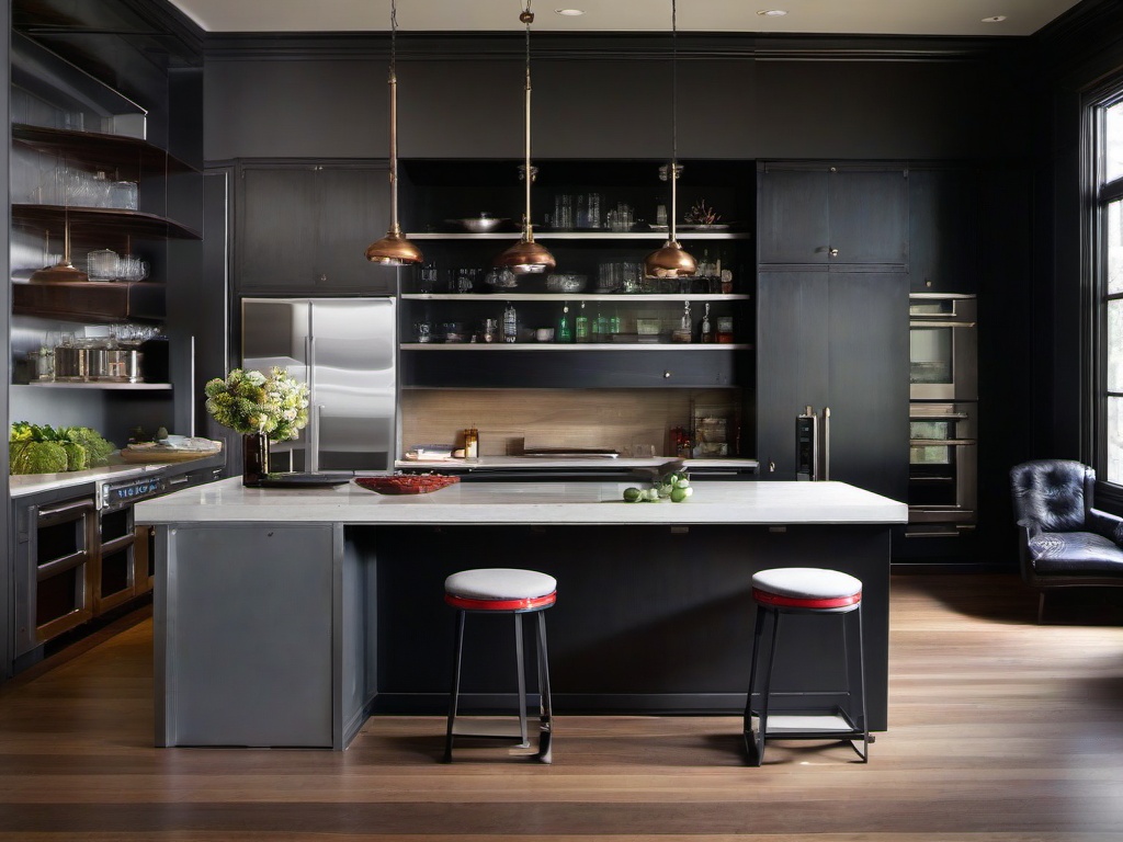 Urban industrial kitchen with Sub-Zero built-in fridge, Restoration Hardware metal bar stools, and Caesarstone concrete countertops.  