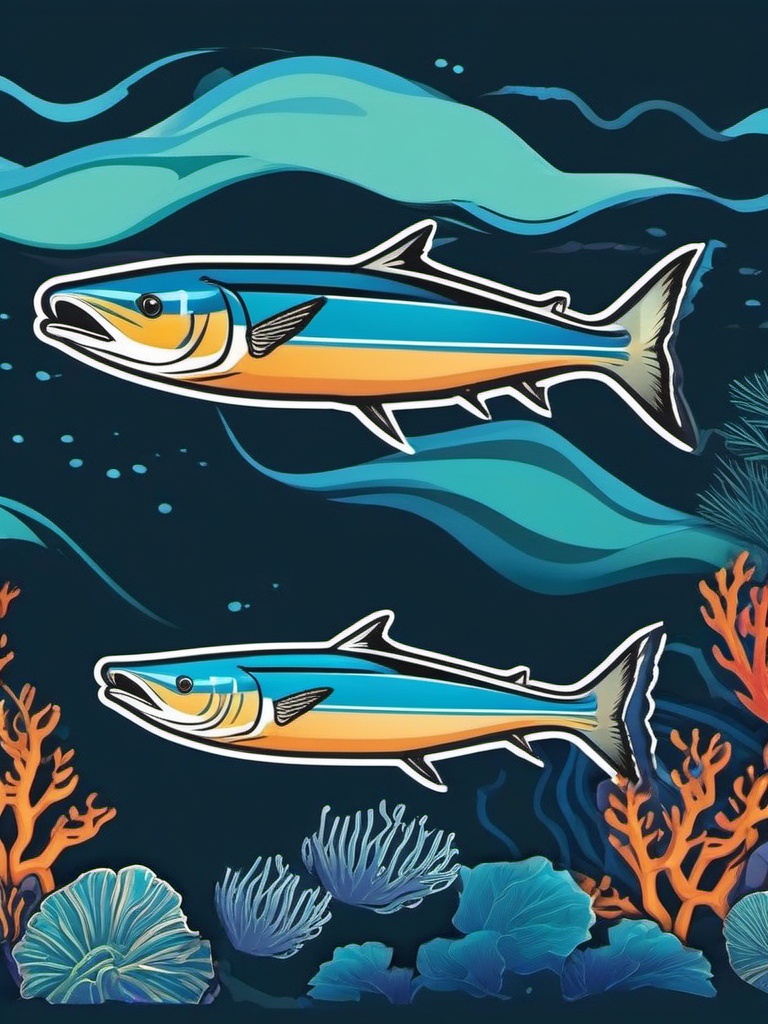 Barracuda Sticker - A sleek barracuda patrolling the reef, ,vector color sticker art,minimal