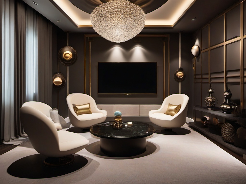 A media room designed with surrealist interior design features unusual seating, dreamlike decor, and whimsical lighting that enhances the cinematic experience in an imaginative setting.  