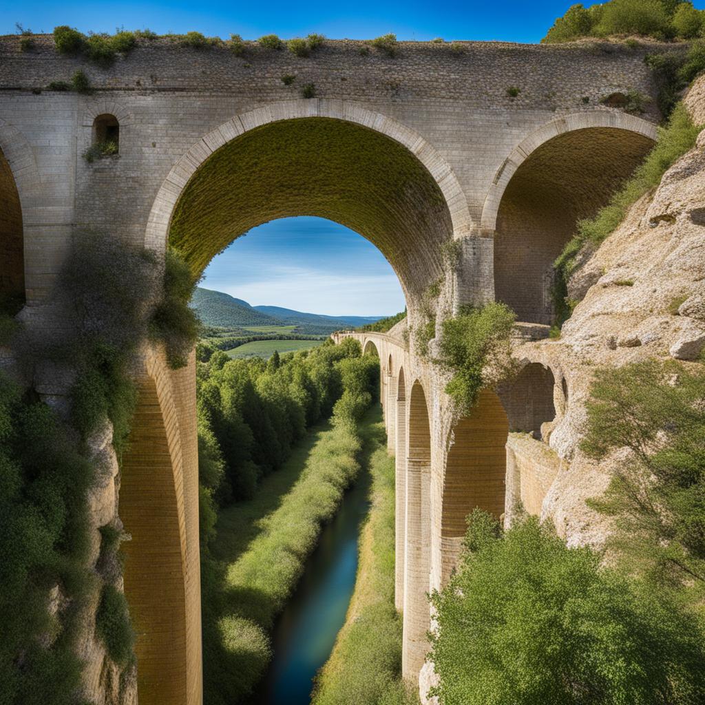 roman aqueducts, with towering arches, traverse the scenic landscapes of southern france. 