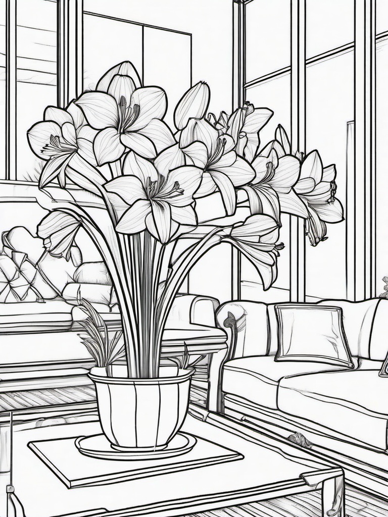 Amaryllis coloring page sheet - Amaryllis flowers in bloom inside a cozy living room.  black outline printable coloring page