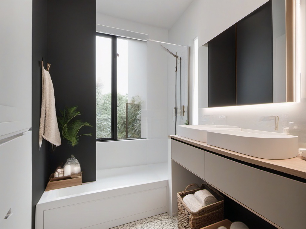 Minimalist small bathroom includes simple fixtures, a neutral color palette, and clever storage solutions that promote an uncluttered and airy feel.  