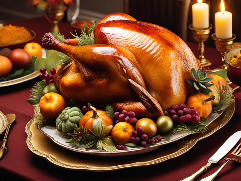 happy thanksgiving clipart - a sumptuous thanksgiving turkey, golden and succulent, on a festive dining table 