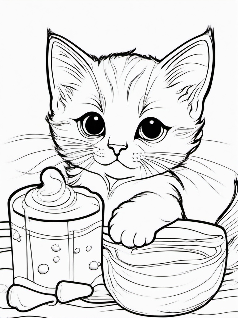 Kitten with Milk Coloring Pages - Adorable Baby Cat Drinking Milk  minimal black outline printable sheet, coloring page