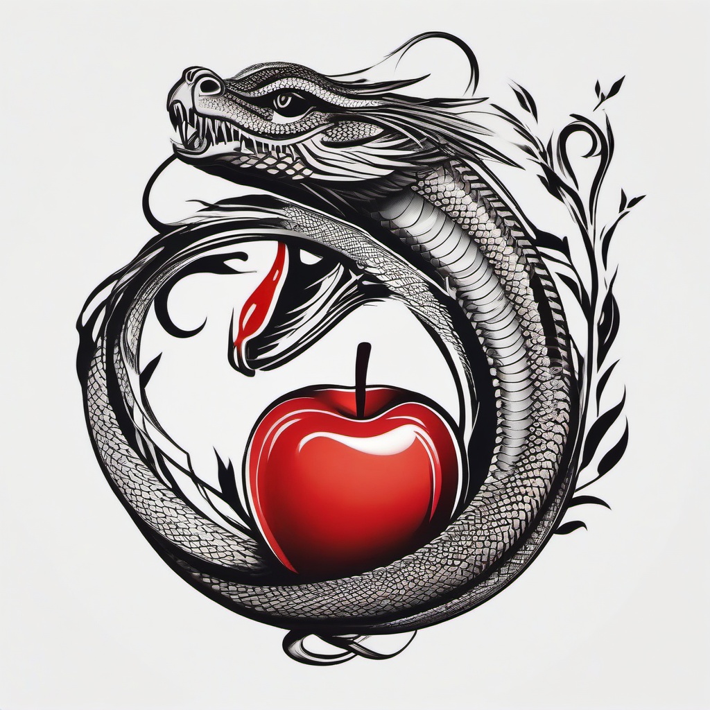 Serpent & Apple Tattoo - Represents temptation, knowledge, and wisdom  minimal tattoo design,white background