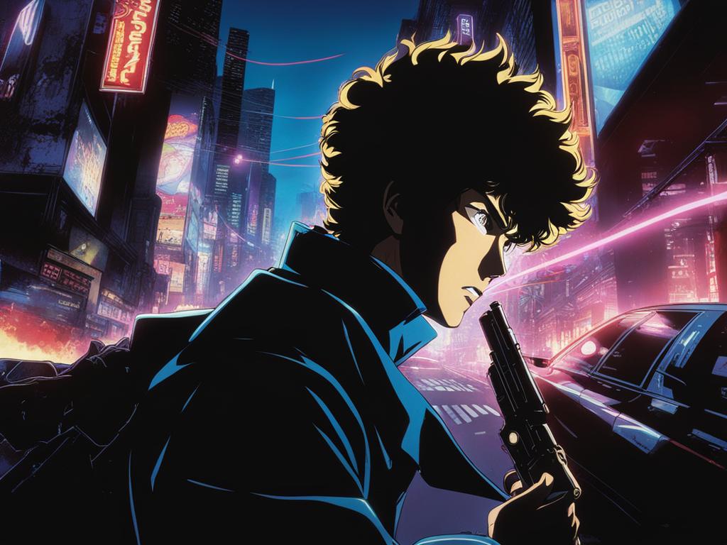 spike spiegel engages in a high-speed gunfight on the neon-lit streets of a futuristic city. 