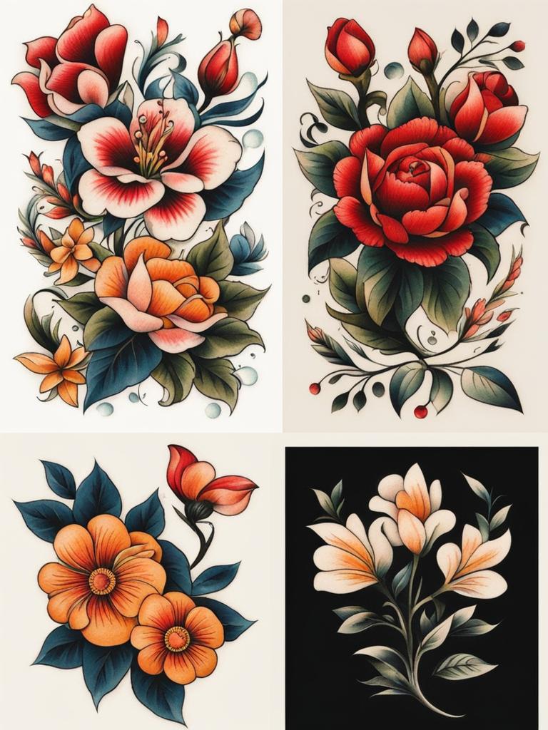 Traditional flower tattoo, Classic and timeless flower-themed tattoos. colors, tattoo patterns, clean white background