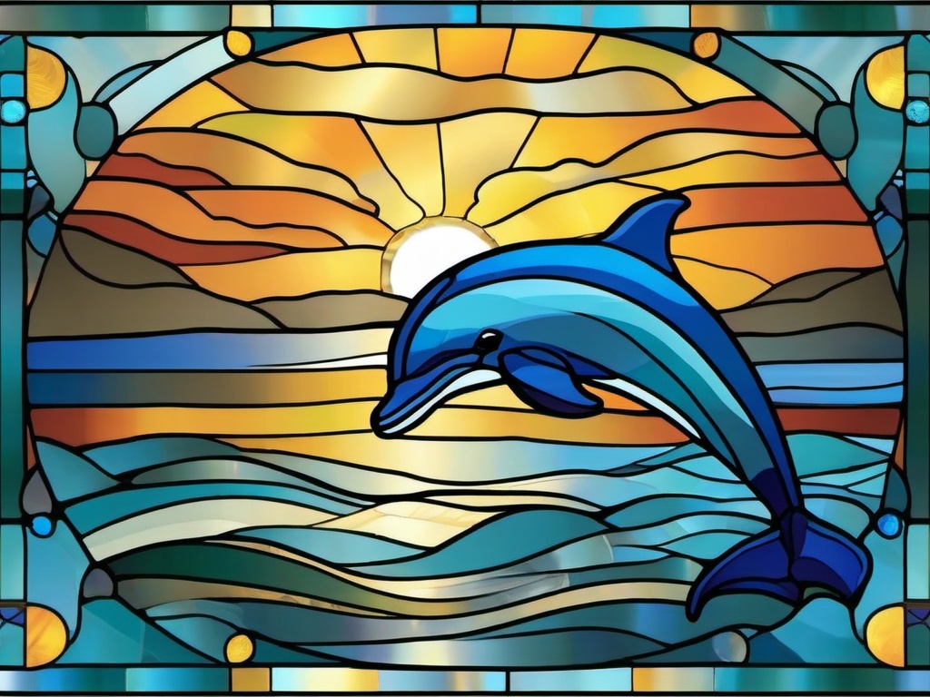 Stained Glass Dolphin - Playful dolphin leaping from waves  